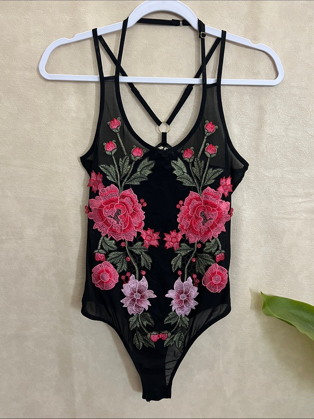 TOP CHIC Black Mesh Floral Embroidered Bodysuit with Pink Roses - Picture 4 of 13